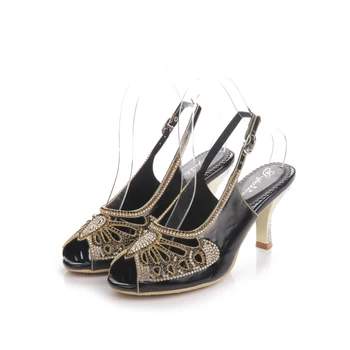 

Summer New Wild Sandals Black Bee Pattern Rhinestone Bohemian Fine with High-heeled Fish Mouth Roman Women's Shoes 7.5CM