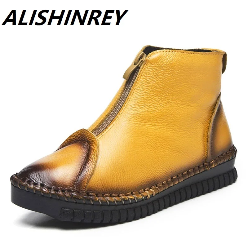 

ALISHINREY 2019 Autumn Winter Women Snow Boots Casual Handmade Genuine Leather Flat Ankle Boots For Women Winter Warm Shoes