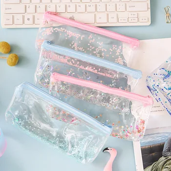 

Kawaii Student Simple Pvc Transparent Sequins Pencilcase Girl Pen Box Pen Storage Kawaii Makeup Bags Office Stationery C15 D10