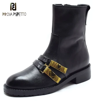 

Prova Perfetto Fashion Real Leather Ankle Boots Woman Round Toe Double Metal Buckle Thick Sole Motorcycle Boots Black For Women