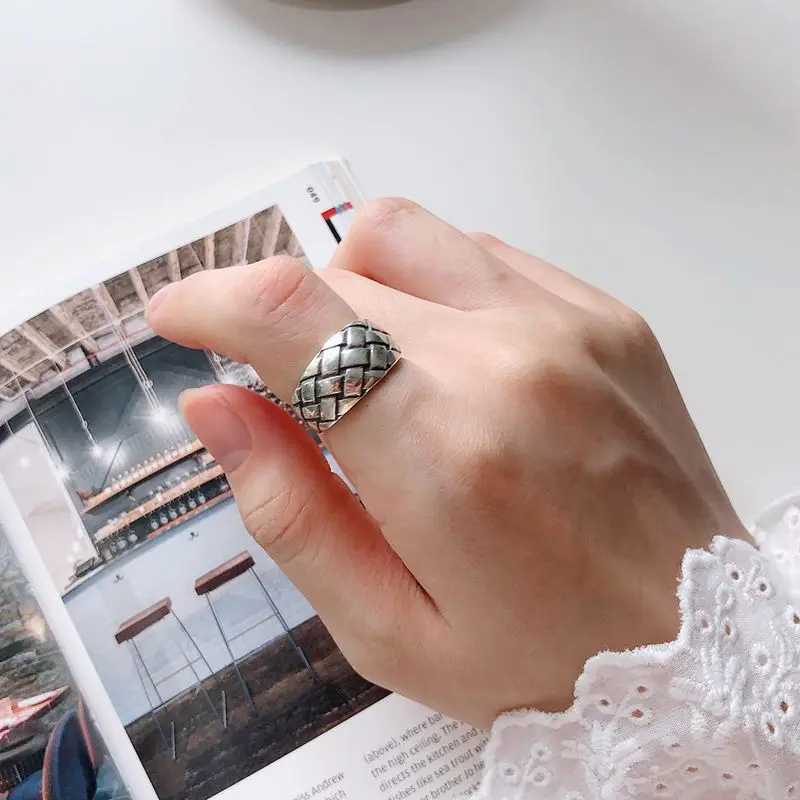 

Silvology 925 Sterling Silver Rhombus Grid Rings Vintage Do Old Minimalist Japan Korea Style Rings for Women Retro Jewelry Gift