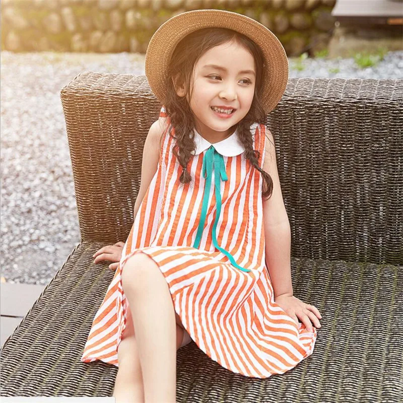 

Cotton Patchwork Dresses Kids Summer Sweet Bow Stripe Dress For Girls Holiday Beach Sleeveless teenager Girls Dresses 3-12 Year