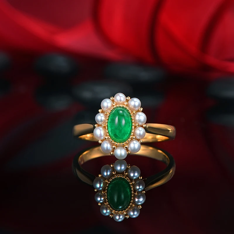 14K Yellow Gold 0.48ct Natural Emerald and Pearl Vintage Milgrain Engagement Ring