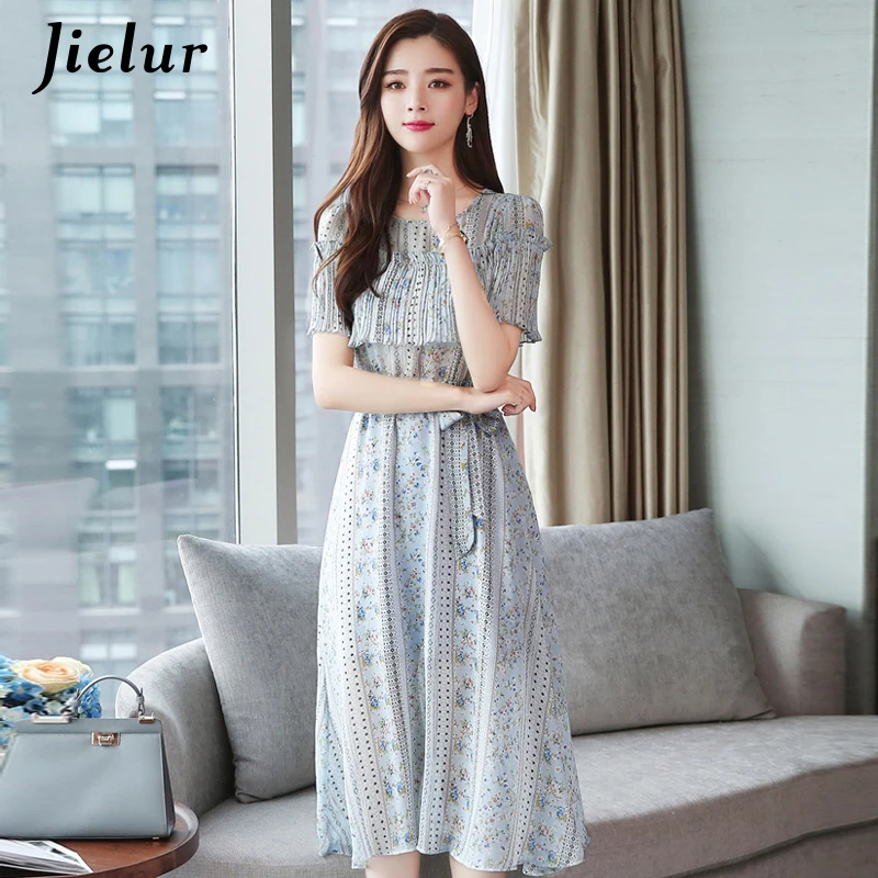 Jielur Vestidos De Festa шифоновое платье с цветочным принтом и поясом в Корейском стиле женское летнее винтажное модное ЦЕЛЬНОКРОЙНОЕ ПЛАТЬЕ С Подкладкой Vestido Femme