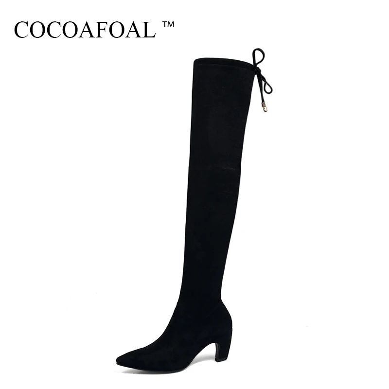 

COCOAFOAL Women Black High Heeled Shoes Winter Chelsea Thigh Lace Up High Boots Genuine Leather Pointed Toe Over The Knee Boots
