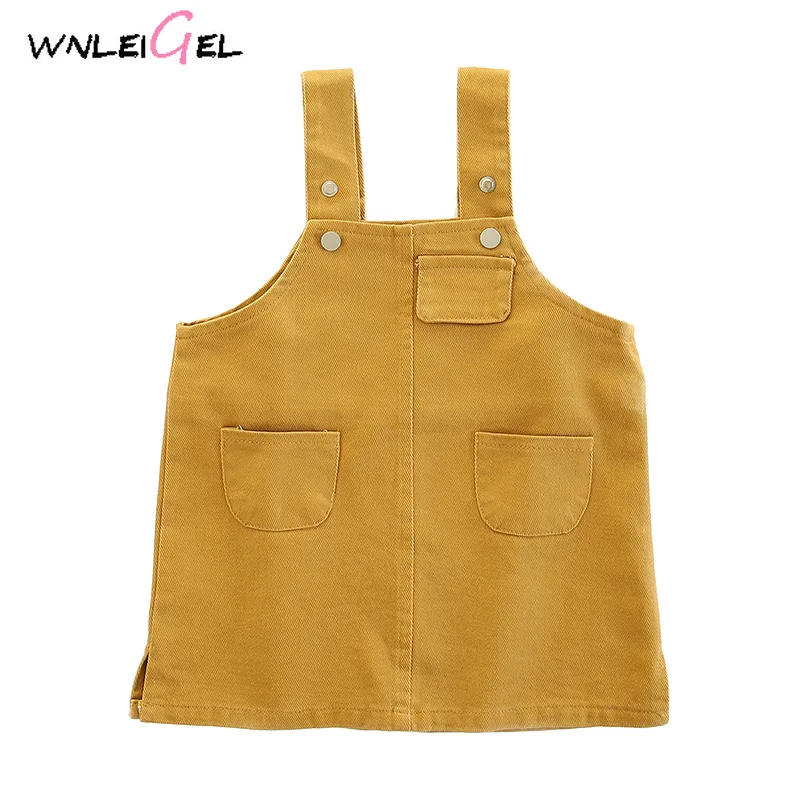 

WLG spring girls strap dresses kids pockets solid yellow beige pink dress baby casual all match clothes 6-36 months
