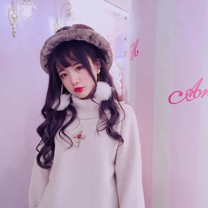 

Princess sweet lolita Bobon21 warm and explicit neck Large lapel lotus leaf edge lantern sleeves mink cashmere sweater T1561