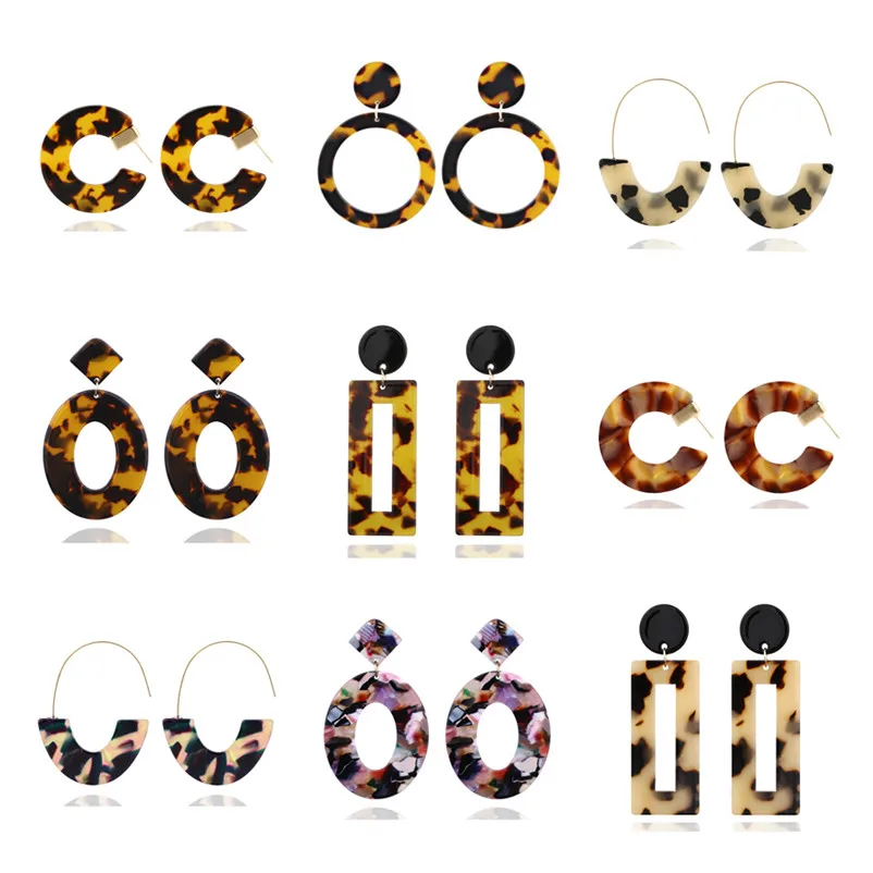 

New Fashion Tortoise Color Leopard Print Acrylic Acetic Acid Sheet Geometric Circle Square Long Drop Earrings for Women