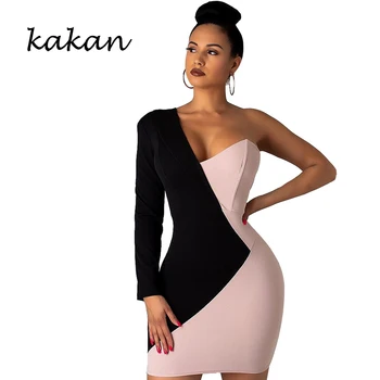 

Kakan 2019 summer new women's dress stitching contrast color asymmetric long-sleeved slim sexy bag hip dress