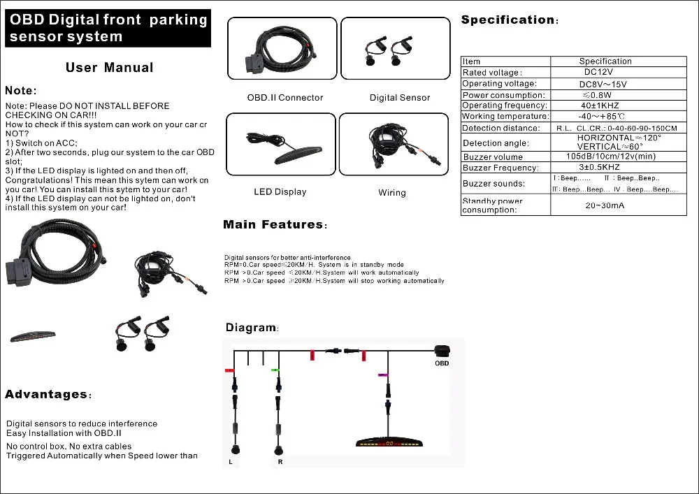 4 датчика передний датчик парковки Светодиодный дисплей OBD2 подключение светодиодный canbus парковка спереди срабатывает автоматически скорость ниже 20 км/ч