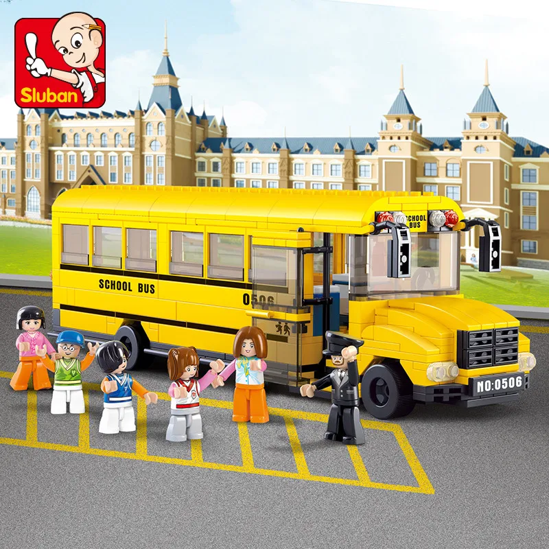 

382Pcs Big School Bus Car Building Blocks Sets Bricks City DIY Playmobil Educational Toys For Children