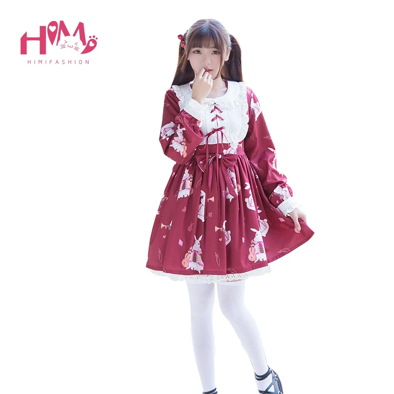 Comic Lolita женское красное платье кружевное Бандажное летнее Harajuku Kawaii Bunny оборки