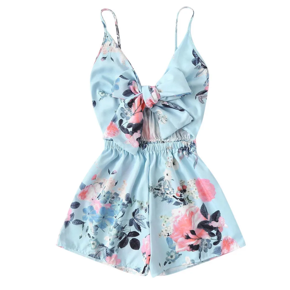 

Fashion 2019 Women Sexy Short Jumpsuit Tie Front Floral Print Playsuit Backless Stripe Sleeveless V-neck Short Jumpsuit 3Y05