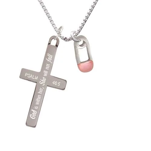 2-Sided Pink Baby Safety Pin - She will not Fall - Cross Necklace (1)