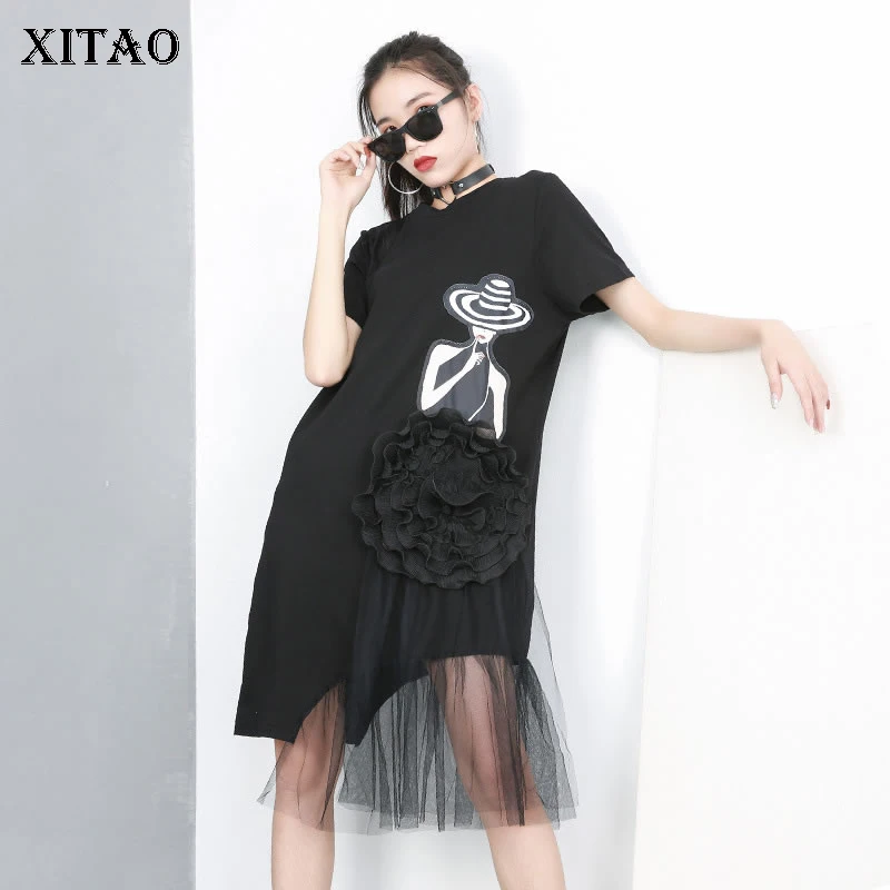 

XITAO Splicing Mesh Floral Plus Size Dress Women Summer O Neck Street Tide Irregular Personality Midi Dress Fashion WBB2827