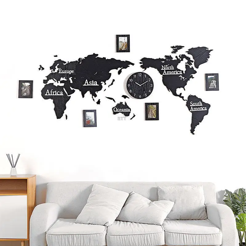 

180cm Large Wooden Digital Wall Clock DIY 3D World Map With 3 pieces Photo frame Living room Decorative Large Size Wall Clock