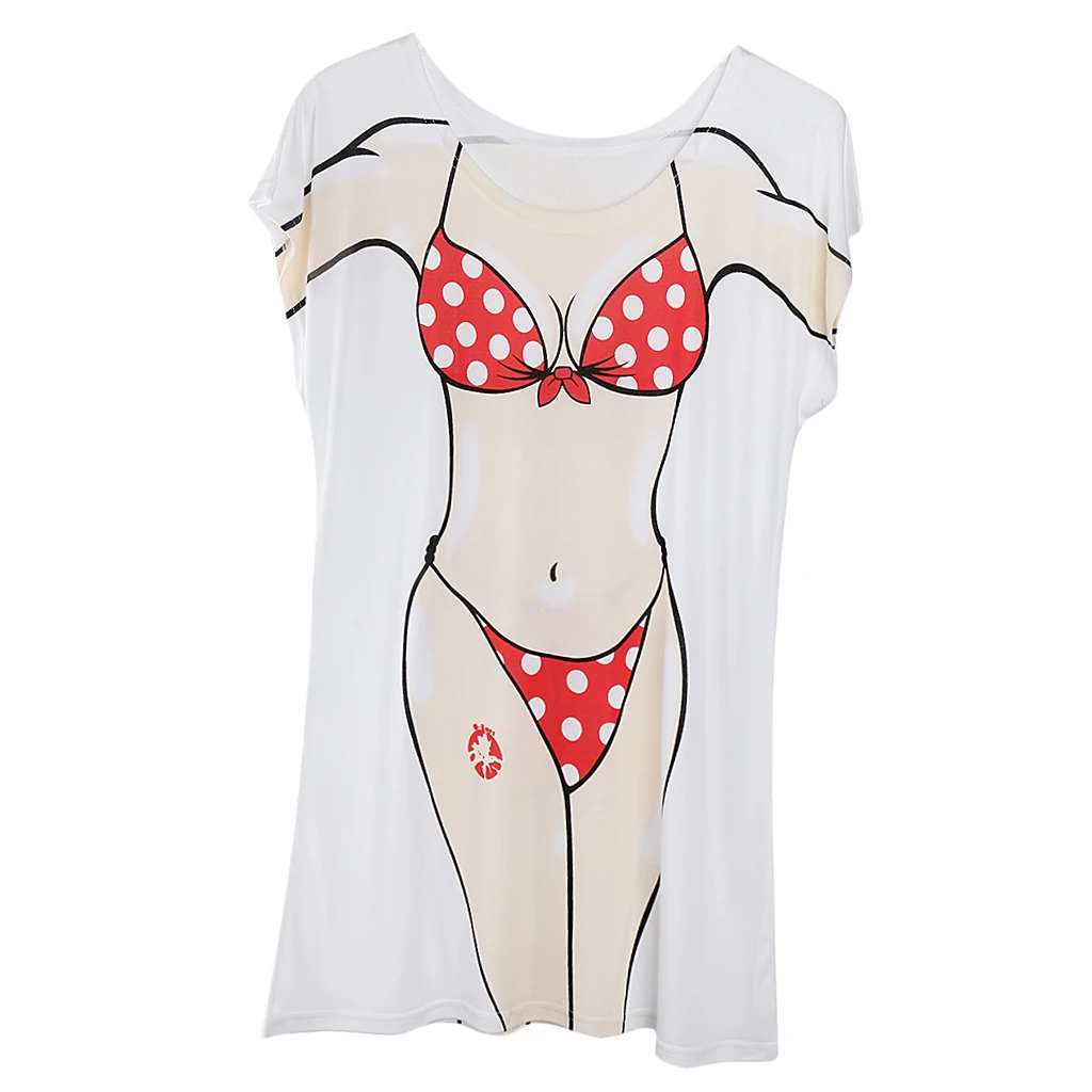 Fashion Women Ladies Red Polka Dots Bikini Cover-up T-shirt Tee Tops Birthday Pajamas Hen Night Sleepwear