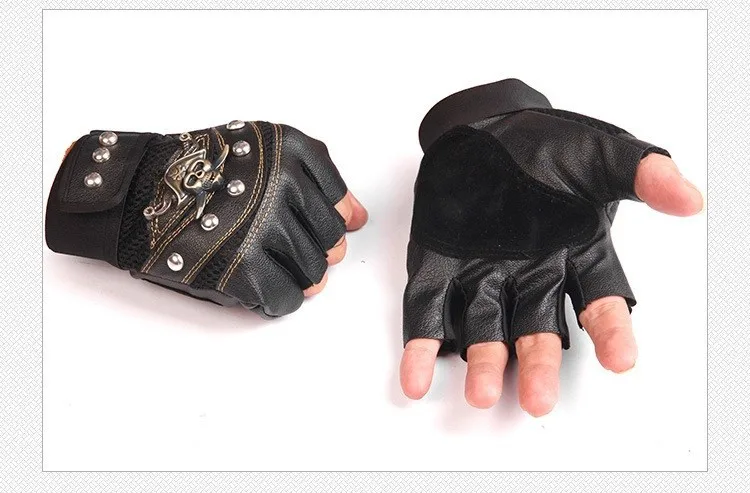 JIAZHOUHU Skulls Rivet PU Leather Fingerless Gloves Men Women Fashion Hip Hop Women's Gym Gloves Half Finger Men's Gloves