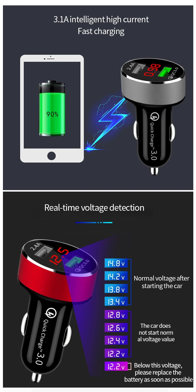 Автомобильный сигаретный светильник er QC3.0 12 в двойной USB разветвитель зарядное устройство для телефона светодиодный светильник напряжение Авто розетка электронный адаптер Аксессуары