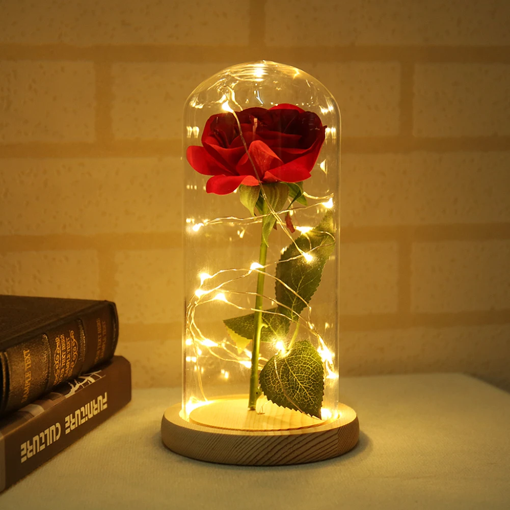 Beauty and The Beast Red Rose In A Glass Dome LED Light Wooden Base Valentine's Day Birthday Romantic Gift Decoration Belle Rose