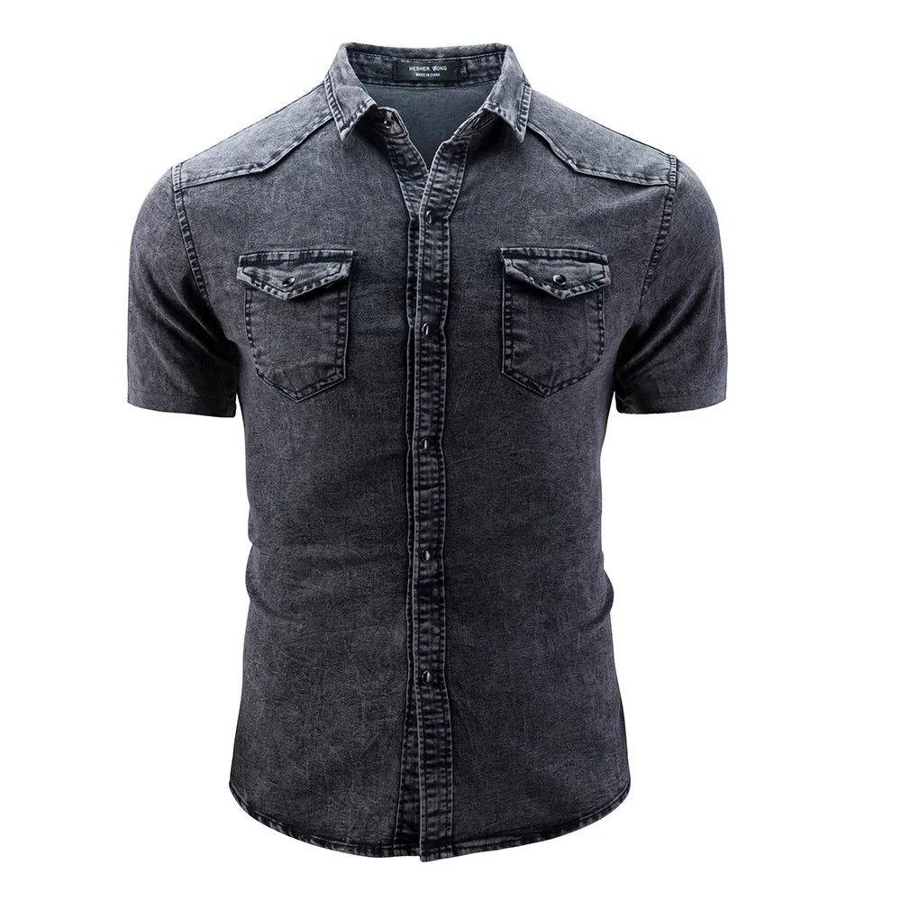 denim shirt men summer Fashion Casual Lapel shirt men short sleeve camisa hombre button up men jeans shirt Pocket d90629