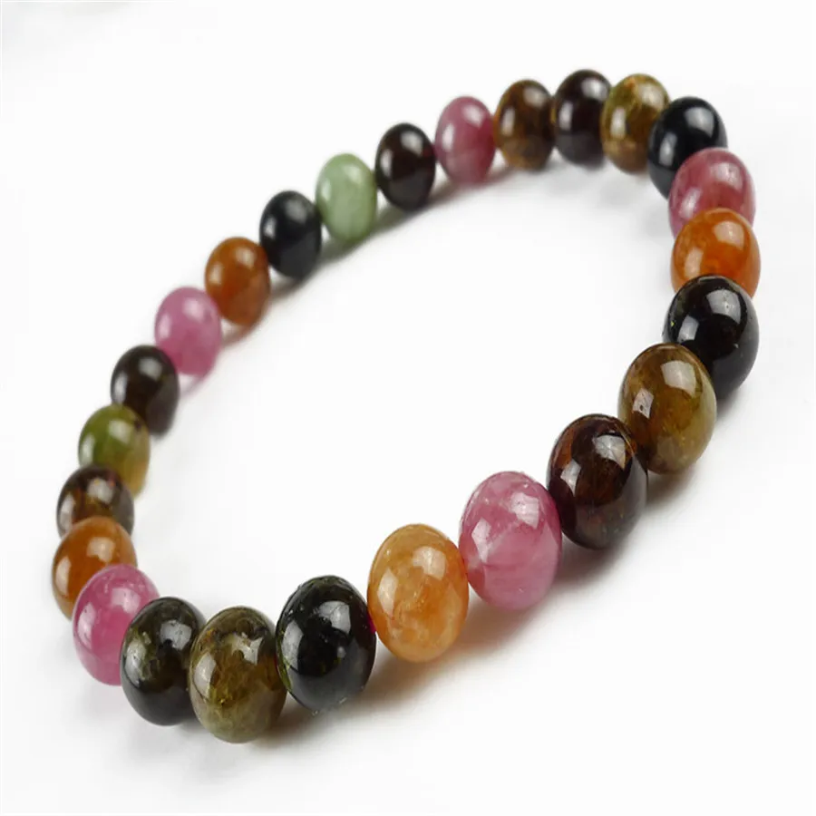 

100% Genuine Natural Colorful Tourmaline Stone Round Beads Bracelet 7.5mm Crystal Quartz Charm Stretch Loose Bracelet AAAAA