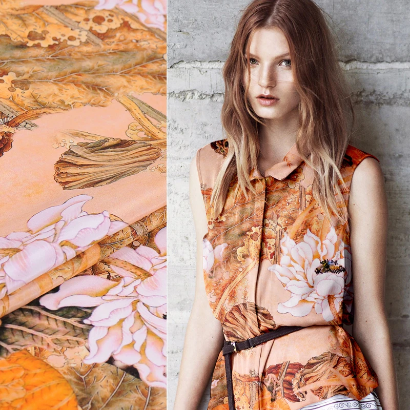 110 CM 30 MM Lotus Print Stretch Oranje Zware Zijden Crêpe Stof Goed voor Lente Zomer Jurk Rok Shirt Sjaal broek J160 110 CM 30 MM Lotus Print Stretch Oranje Zware Zijden Crêpe Stof Goed voor Lente Zomer Jurk Rok Shirt Sjaal broek J160