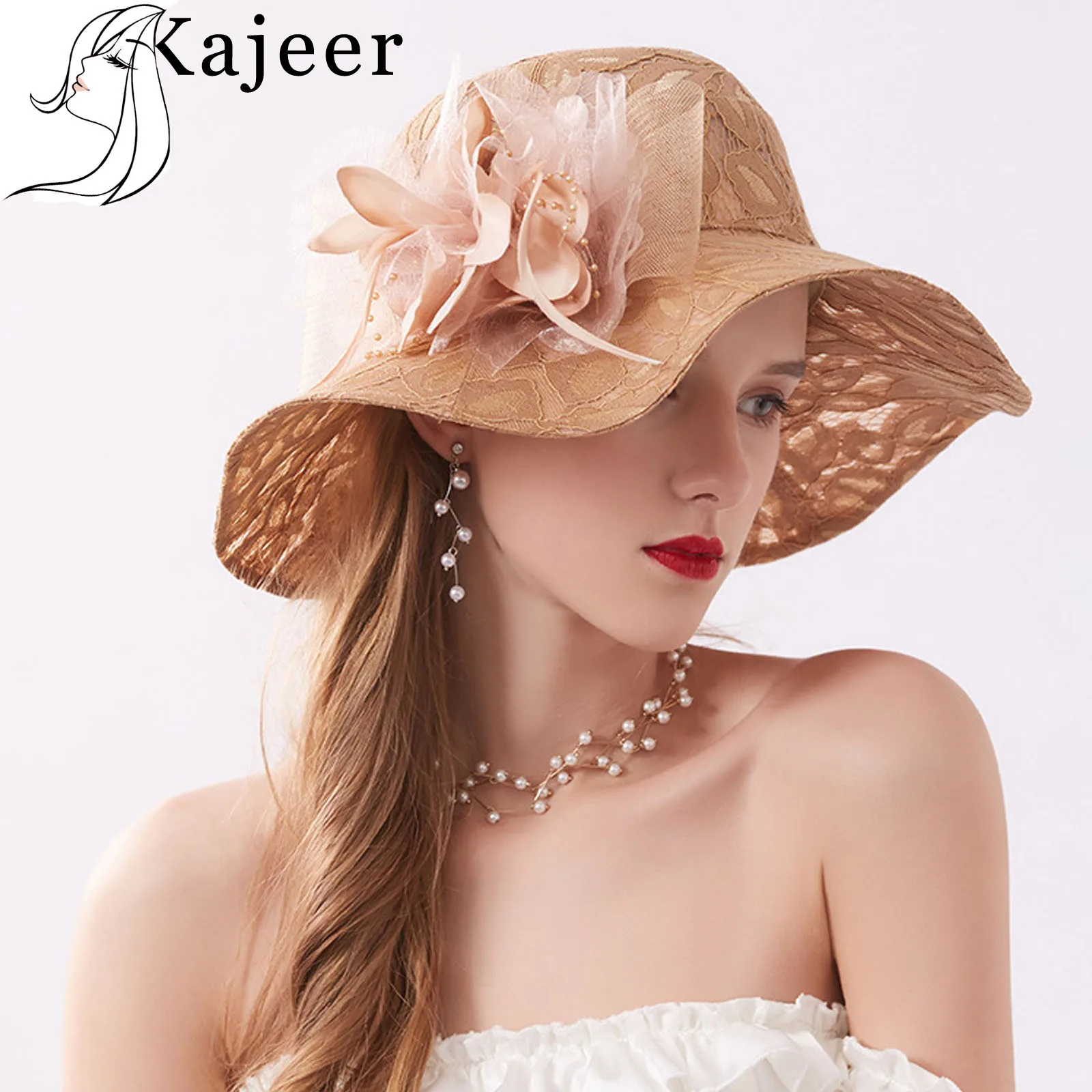 Cena Kajeer eleganckie kobiety kwiat słońce duże czapki z daszkiem kościół kapelusze pani kapelusze lato składany oddychająca czapka dla dziewczynek