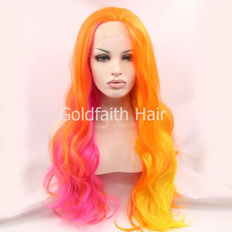 

SF7 Cheap Two Tone Orange Pink Colorful Wig Long Wavy Heat Friendly Fiber Front Lace Synthetic Hair Cosplay Wig Body Wave