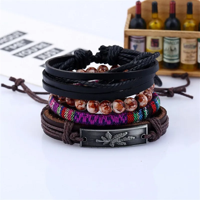 

4pcs/set Cross-border Vintage Woven Leather Bracelet Alloy Maple Leaf Diy Men's Leather Multilayer Women Multicolor Bracelet