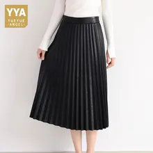 Осень-зима, женские юбки из натуральной кожи, черная сексуальная тонкая Офисная Женская Повседневная длинная Плиссированная юбка из натуральной овечьей кожи