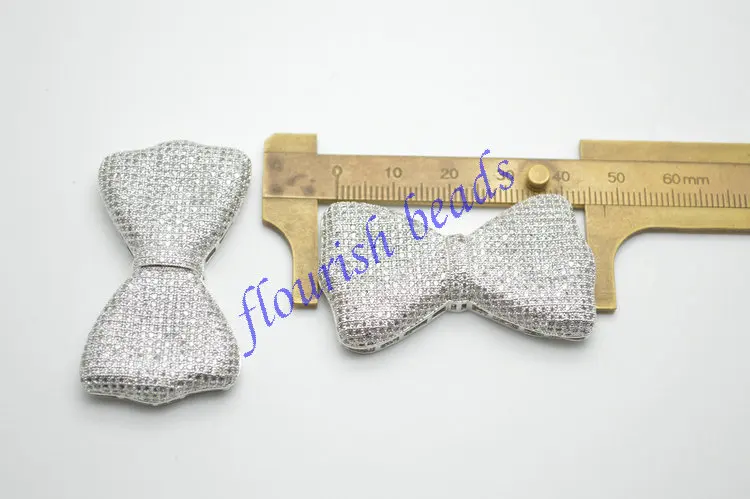 Encantos de Metal Pavimentada Beads Multi Furos Bowknot Forma Conector Colar Pingente Moda Jóias 26x47mm cz 2 Componentes p/ joias
