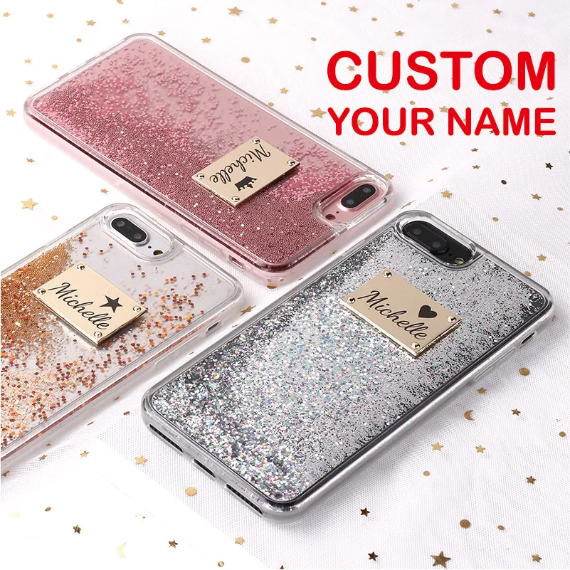 

Custom Personalized Name Glitter Sparkle Rose Gold Metal Plate Laser Engrave Phone Case For iPhone 6 6S XS Max 7 7Plus 8 8Plus X