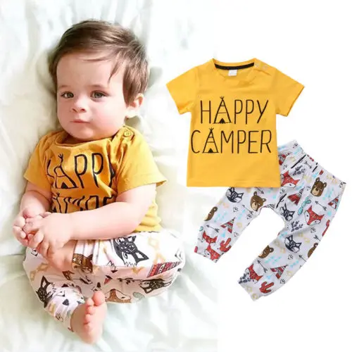 Infant Toddler Baby Boys Girl Clothes Set Happy Camper Letter T-shirt Tops Animals Long Pants Outfits Cute Children Kids Cloth | Детская