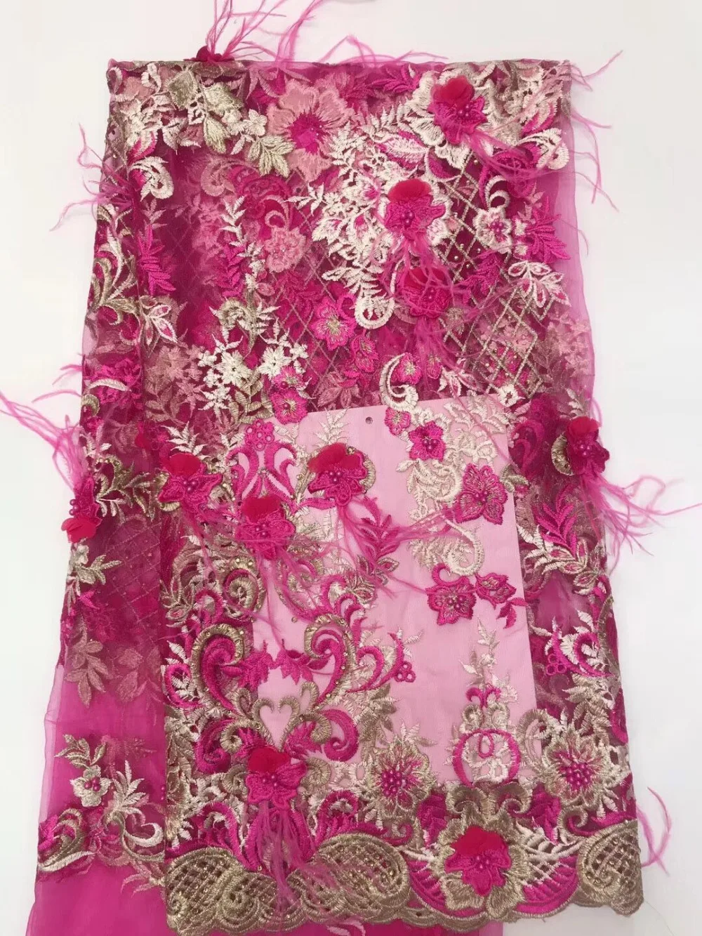 

nigerian tulle lace fabric 3d flower French Net Lace Fabric with beads feather embroidery mesh fabric for bridal dress