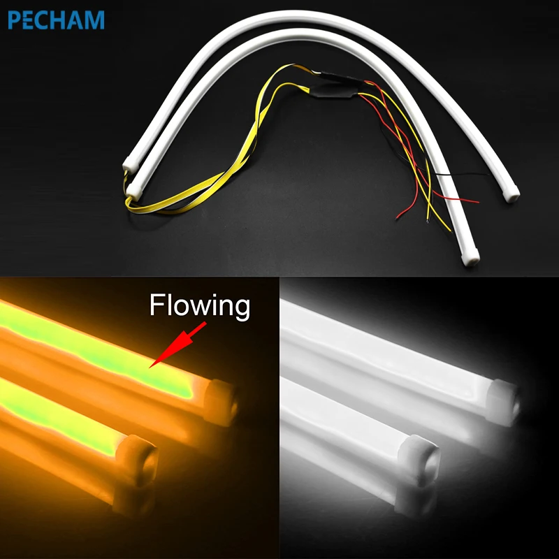 

2PC 60cm car flexible DRL turn signal white yellow led flowing bar silicone daytime running light headlight Car Styling strip