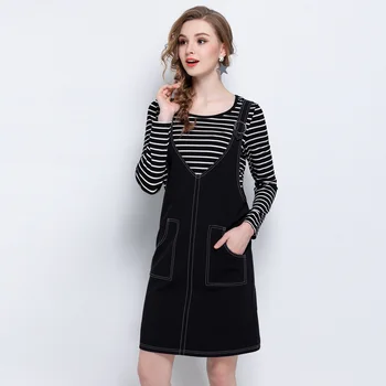 

2018New arrival Women clothes set stripe t shirt+strap dress casual vestidos sundresses Plus size elegant dress set L-XXXXXL 5XL