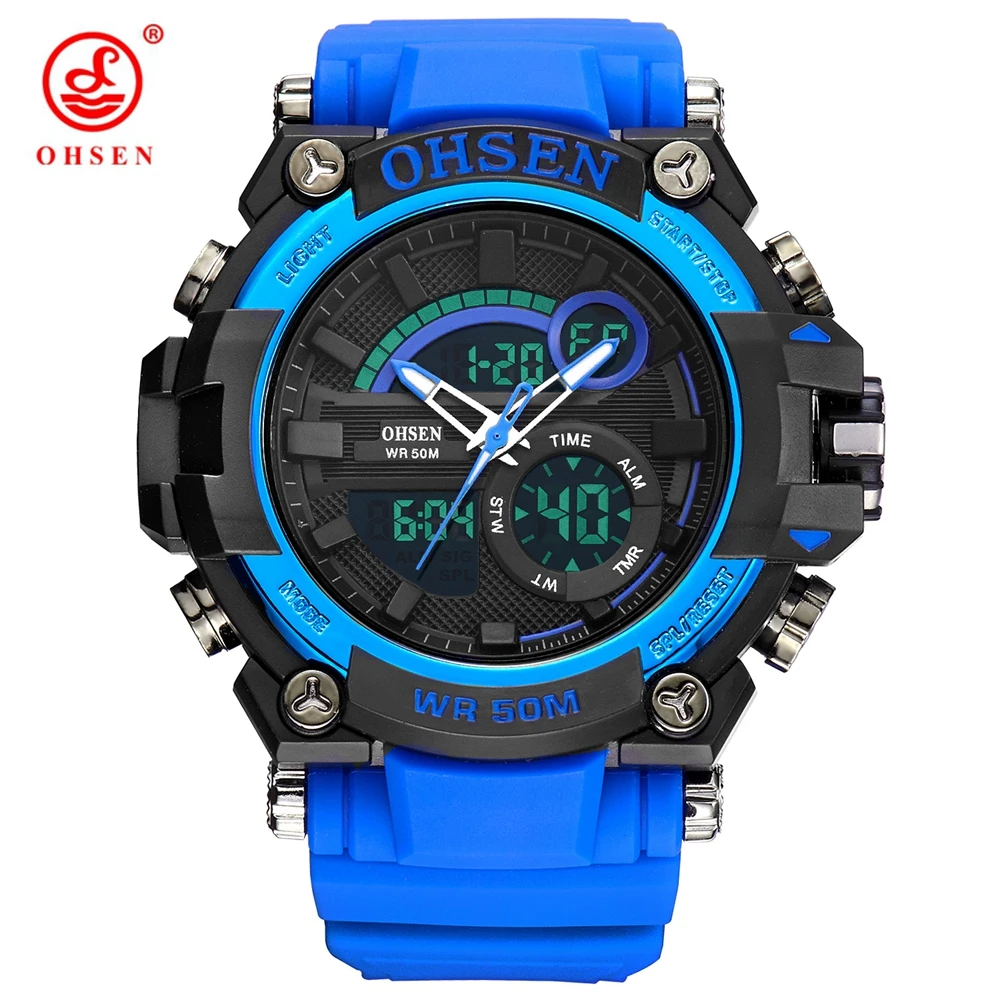 Top Brand OHSEN LED Digital Quartz Wrist Watches Men Blue Fashion Outdoor Sport Rubber Clock Men