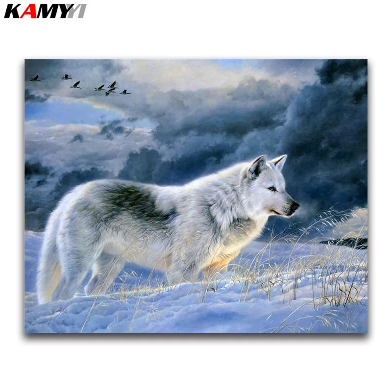 5D DIY картина, вышитая бисером Пейзаж снег горный волк смолы круглый дрель со стразами Вышивка diamond moasic рукоделие