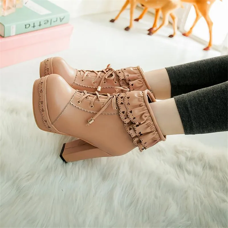 Winter New Lolita Boots Shoes For Woman Platform High Heel Sweet Bow Ruffles Women Ankle Boots Lolita Princess Shoes Big Size 43 (18)