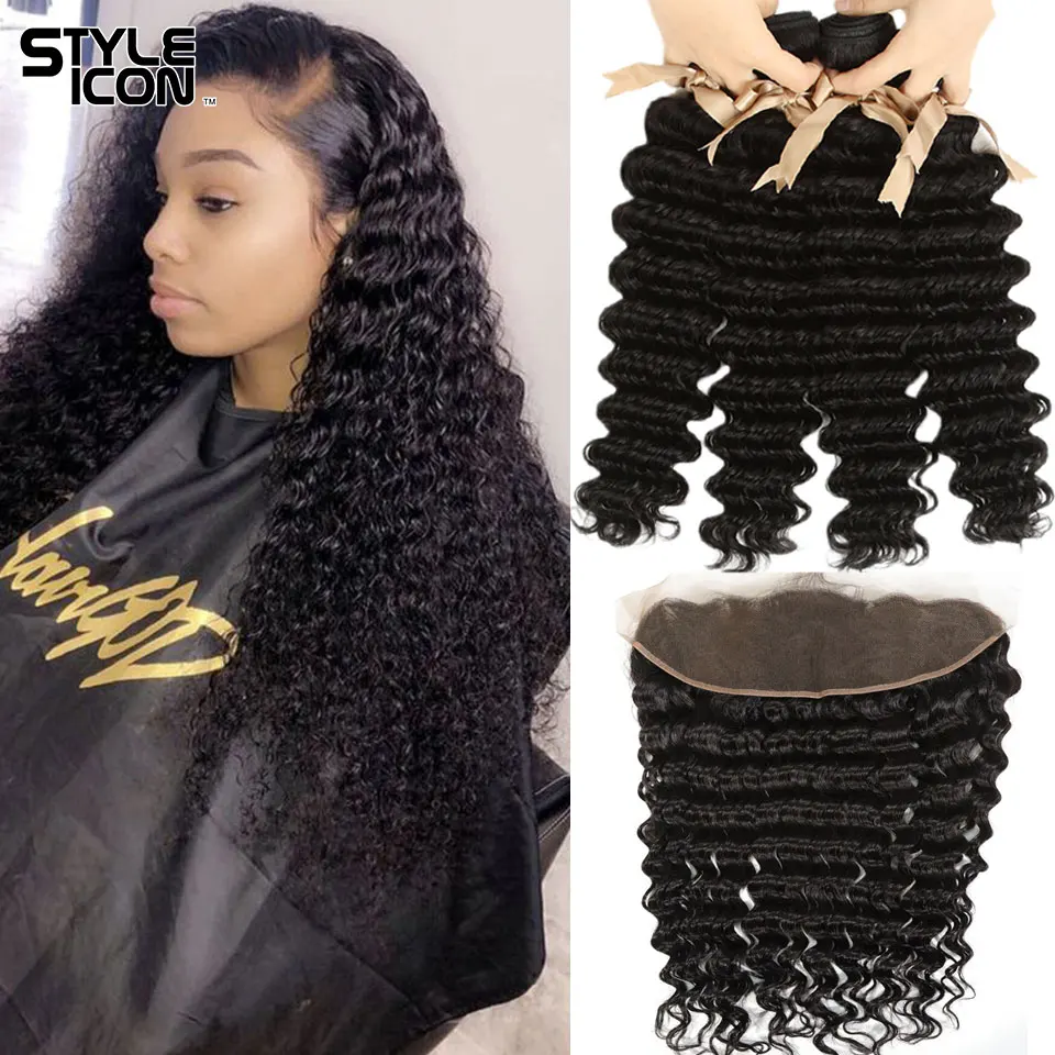 

Styleicon Hair Deep Wave Hair with Frontal Malaysian 13x4 Lace Frontal with Bundles Deep Wave Human Hair Bundles with Frontal