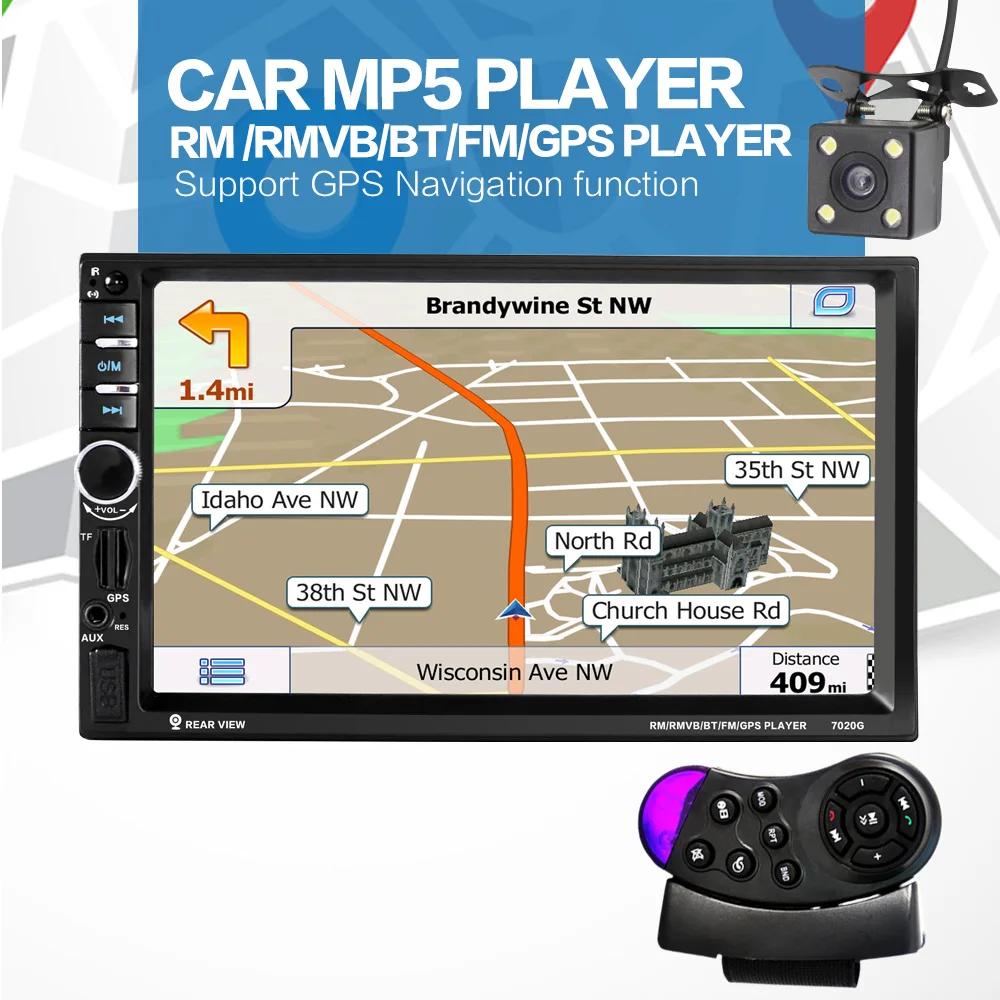

7'' 2 Din Bluetooth Car Stereo MP5 Player GPS Navigation Support Mirror Link with Rear View Camera& Steering Wheel Control