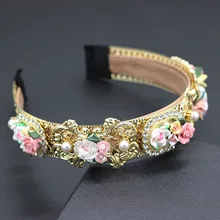 Новая мода барокко Металл фарфор цветок оголовье мода акриловый фарфор цветок большая жемчужина диадема с цветком из хрусталя 763