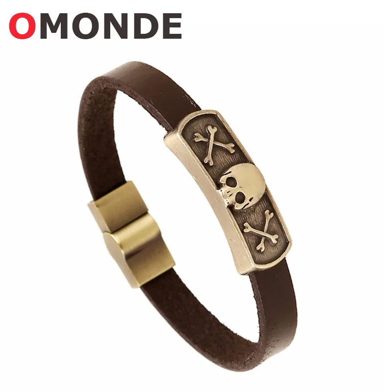 New Arrival Brown Leather Bone Skull Bracelets Zinc Alloy Skeleton Wrist Band for Fashion Male Female Viking Pirates Jewelry | Украшения и