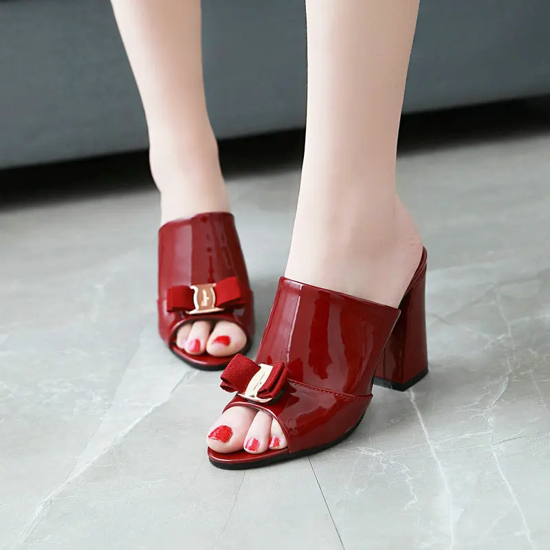 Meotina/Женская обувь; летние женские Вечерние туфли на высоком каблуке с открытым носком; женские шлепанцы с бантом на квадратном каблуке; Уличная обувь; цвет красный, черный; большие размеры 34-43