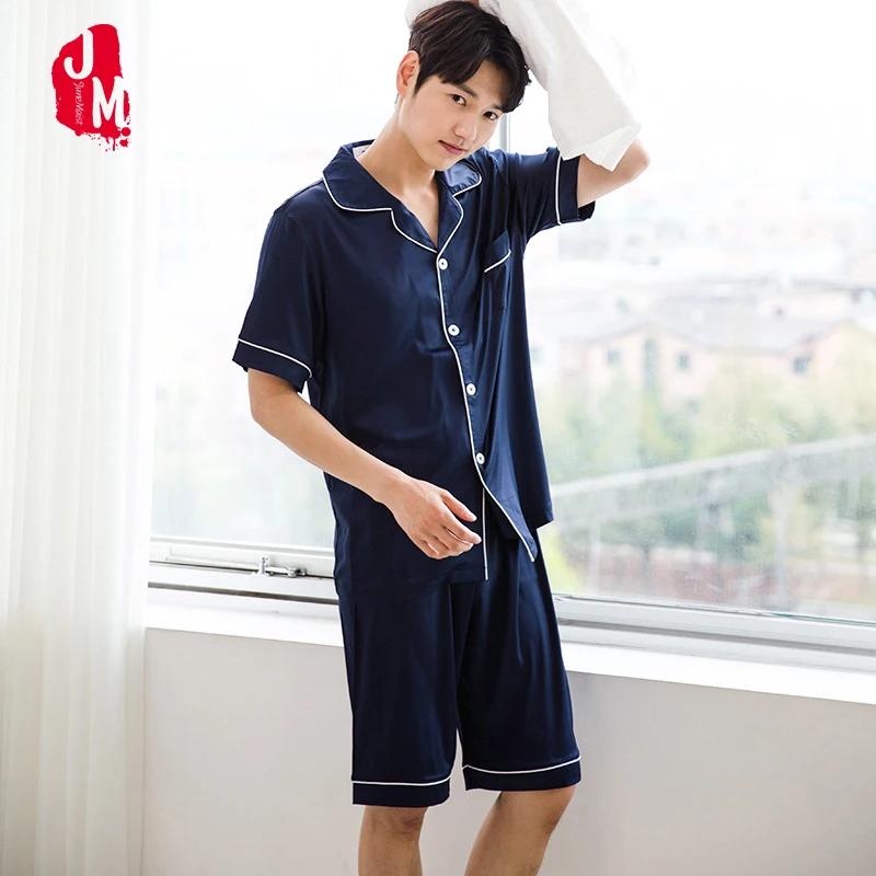 

Turn-down Collar Men Pajama Sets Shorts Sleepwear Men Suit Solid Pyjamas Casual Short Silk Men's Pajamas Sleepwears Men's Summer