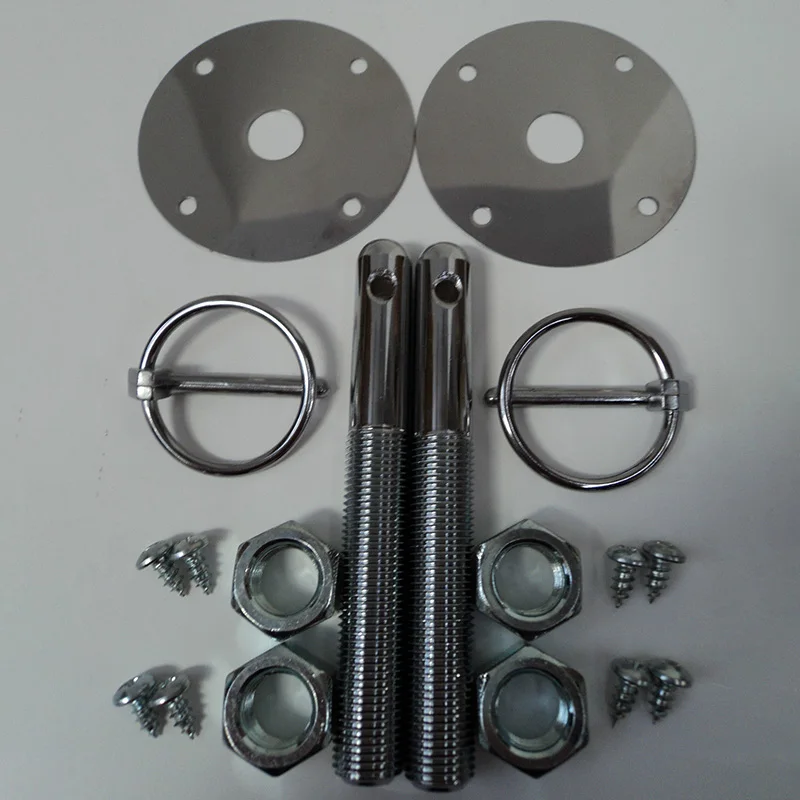 

Universal Car Auto Chrome STAINLESS CHROME HOOD PIN SET Engine Bonnet Hood Pin Flip Over Security Lock Kit Set