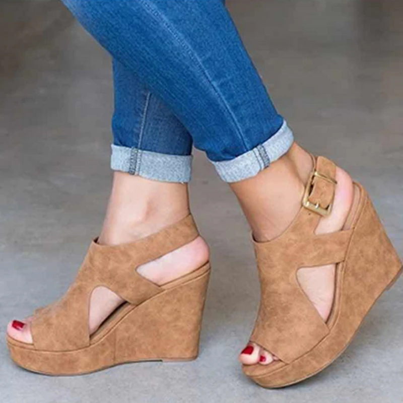 

2019 Summer Women Sandals Wedges Peep Toe Shoes High Heels Height Increasing Buckle Strap Beach Ladies Pumps Casual Platform