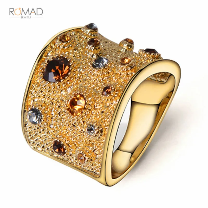 

Romad Fashion Wide Big Rings For Women Gold Multicoloured Rhinestones Paved Wedding Rings Vintage bague femme