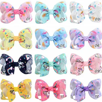 

12pcs/lot 3''Bowknot Rainbow Unicorn Mermaid Print Grosgrain Ribbon Bow Hair Clip Barrette Girls Gifts Headdress Accessories A95